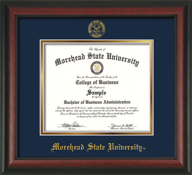 Image of Morehead State University Diploma Frame - Rosewood - w/Embossed MSU Seal & Name - Navy on Gold mat