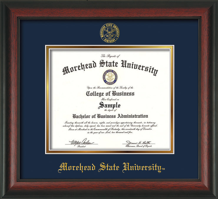 Image of Morehead State University Diploma Frame - Rosewood - w/Embossed MSU Seal & Name - Navy on Gold mat