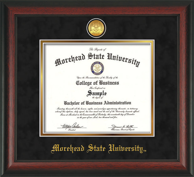 Image of Morehead State University Diploma Frame - Rosewood - w/24k Gold Plated Medallion MSU Name Embossing - Black Suede on Gold Mat