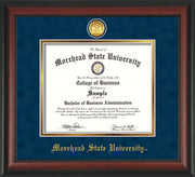 Image of Morehead State University Diploma Frame - Rosewood - w/24k Gold Plated Medallion MSU Name Embossing - Navy Suede on Gold Mat