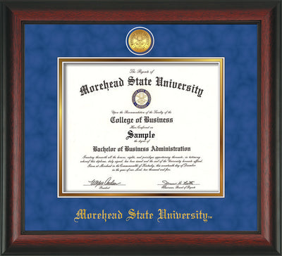 Image of Morehead State University Diploma Frame - Rosewood - w/24k Gold Plated Medallion MSU Name Embossing - Royal Blue Suede on Gold Mat