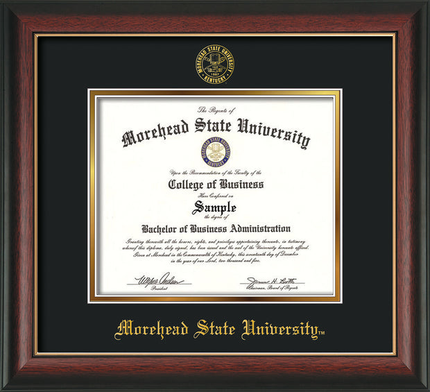 Image of Morehead State University Diploma Frame - Rosewood w/Gold Lip - w/Embossed MSU Seal & Name - Black on Gold mat