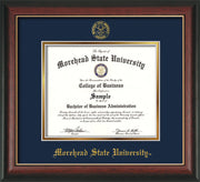 Image of Morehead State University Diploma Frame - Rosewood w/Gold Lip - w/Embossed MSU Seal & Name - Navy on Gold mat