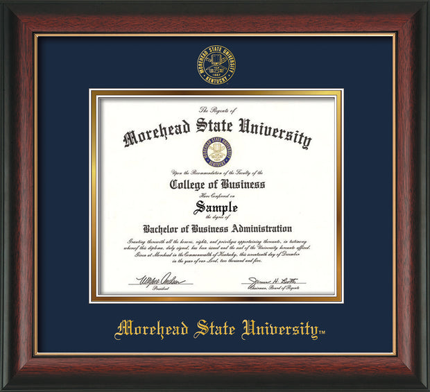 Image of Morehead State University Diploma Frame - Rosewood w/Gold Lip - w/Embossed MSU Seal & Name - Navy on Gold mat