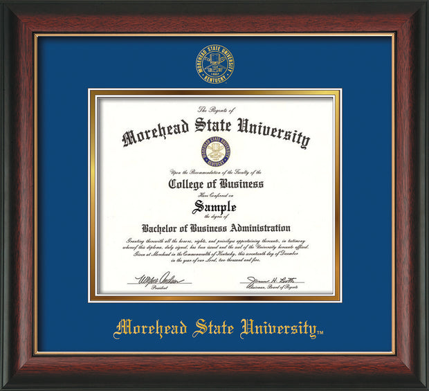 Image of Morehead State University Diploma Frame - Rosewood w/Gold Lip - w/Embossed MSU Seal & Name - Royal Blue on Gold mat
