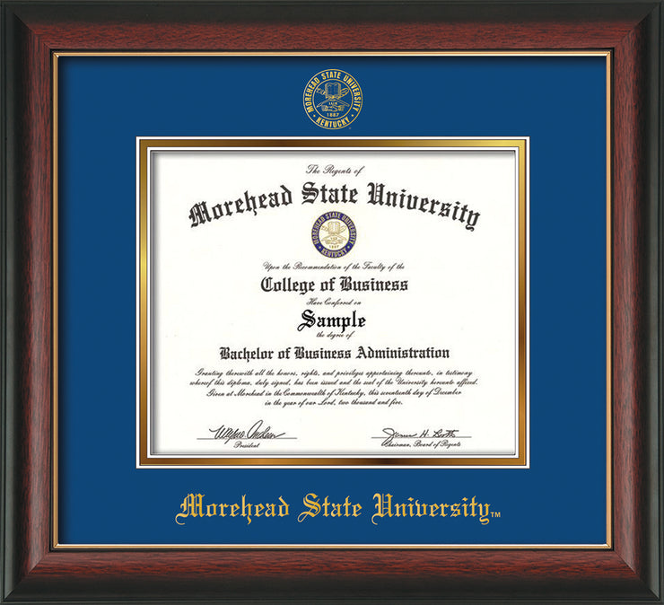 Image of Morehead State University Diploma Frame - Rosewood w/Gold Lip - w/Embossed MSU Seal & Name - Royal Blue on Gold mat