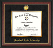 Image of Morehead State University Diploma Frame - Rosewood w/Gold Lip - w/24k Gold Plated Medallion MSU Name Embossing - Black Suede on Gold Mat