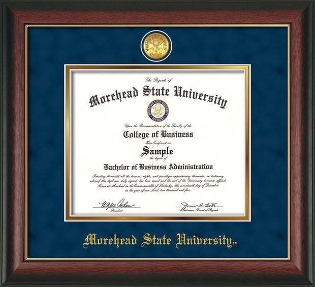 Image of Morehead State University Diploma Frame - Rosewood w/Gold Lip - w/24k Gold Plated Medallion MSU Name Embossing - Navy Suede on Gold Mat