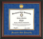 Image of Morehead State University Diploma Frame - Rosewood w/Gold Lip - w/24k Gold Plated Medallion MSU Name Embossing - Royal Blue Suede on Gold Mat