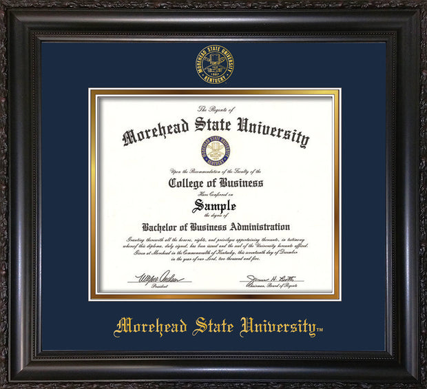 Image of Morehead State University Diploma Frame - Vintage Black Scoop - w/Embossed MSU Seal & Name - Navy on Gold mat