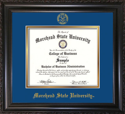 Image of Morehead State University Diploma Frame - Vintage Black Scoop - w/Embossed MSU Seal & Name - Royal Blue on Gold mat