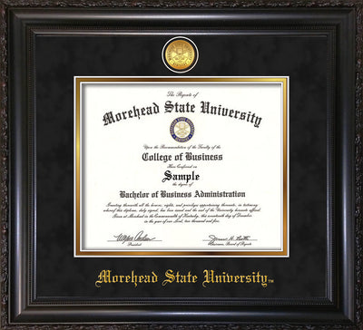 Image of Morehead State University Diploma Frame - Vintage Black Scoop - w/24k Gold Plated Medallion MSU Name Embossing - Black Suede on Gold Mat