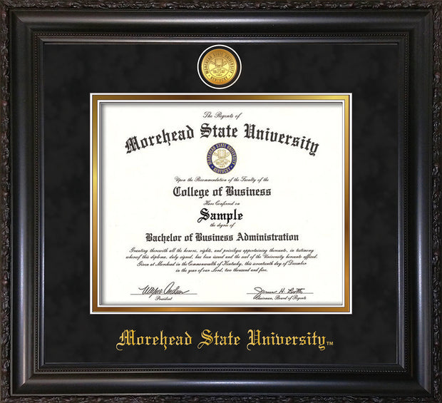 Image of Morehead State University Diploma Frame - Vintage Black Scoop - w/24k Gold Plated Medallion MSU Name Embossing - Black Suede on Gold Mat