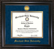 Image of Morehead State University Diploma Frame - Vintage Black Scoop - w/24k Gold Plated Medallion MSU Name Embossing - Navy Suede on Gold Mat