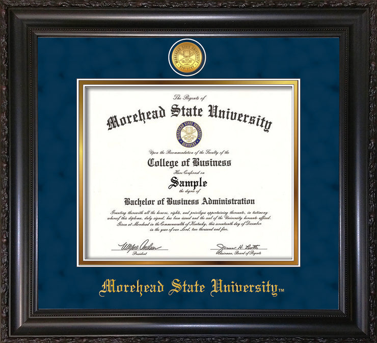 Image of Morehead State University Diploma Frame - Vintage Black Scoop - w/24k Gold Plated Medallion MSU Name Embossing - Navy Suede on Gold Mat