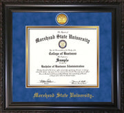 Image of Morehead State University Diploma Frame - Vintage Black Scoop - w/24k Gold Plated Medallion MSU Name Embossing - Royal Blue Suede on Gold Mat