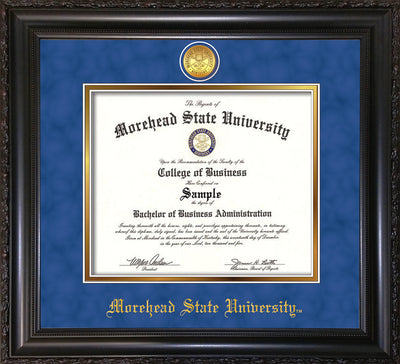 Image of Morehead State University Diploma Frame - Vintage Black Scoop - w/24k Gold Plated Medallion MSU Name Embossing - Royal Blue Suede on Gold Mat
