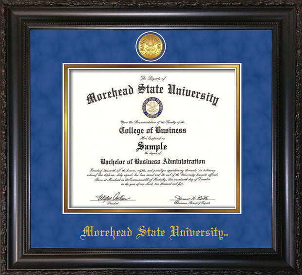 Image of Morehead State University Diploma Frame - Vintage Black Scoop - w/24k Gold Plated Medallion MSU Name Embossing - Royal Blue Suede on Gold Mat
