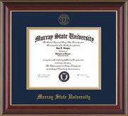 Image of Murray State University Diploma Frame - Cherry Lacquer - w/Murray Embossed Seal & Name - Navy on Gold mat