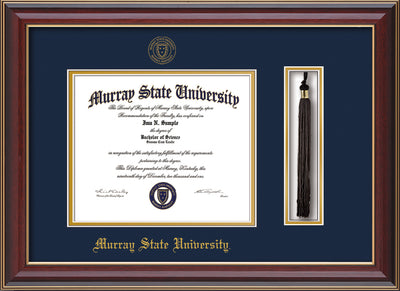 Image of Murray State University Diploma Frame - Cherry Lacquer - w/Murray Embossed Seal & Name - Tassel Holder - Navy on Gold mat