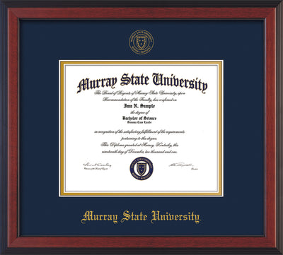 Image of Murray State University Diploma Frame - Cherry Reverse - w/Murray Embossed Seal & Name - Navy on Gold mat