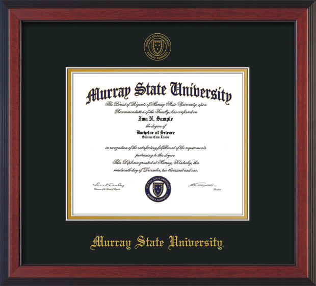 Image of Murray State University Diploma Frame - Cherry Reverse - w/Murray Embossed Seal & Name - Black on Gold mat