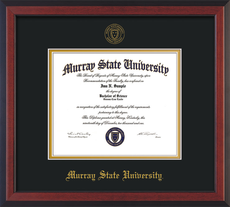 Image of Murray State University Diploma Frame - Cherry Reverse - w/Murray Embossed Seal & Name - Black on Gold mat
