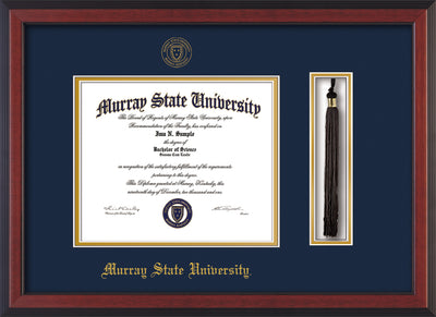 Image of Murray State University Diploma Frame - Cherry Reverse - w/Murray Embossed Seal & Name - Tassel Holder - Navy on Gold mat