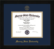 Image of Murray State University Diploma Frame - Flat Matte Black - w/Murray Embossed Seal & Name - Navy on Gold mat