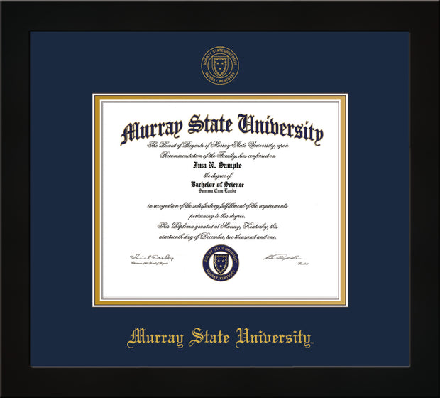 Image of Murray State University Diploma Frame - Flat Matte Black - w/Murray Embossed Seal & Name - Navy on Gold mat