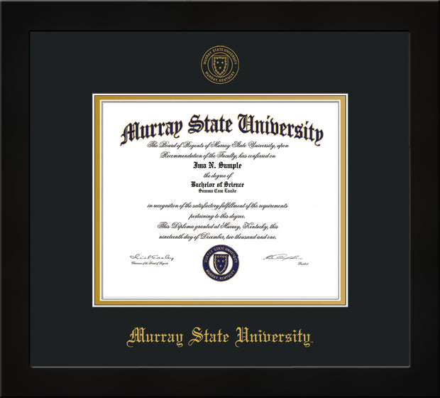 Image of Murray State University Diploma Frame - Flat Matte Black - w/Murray Embossed Seal & Name - Black on Gold mat