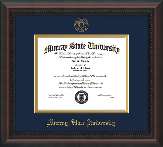 Image of Murray State University Diploma Frame - Mahogany Braid - w/Murray Embossed Seal & Name - Navy on Gold mat