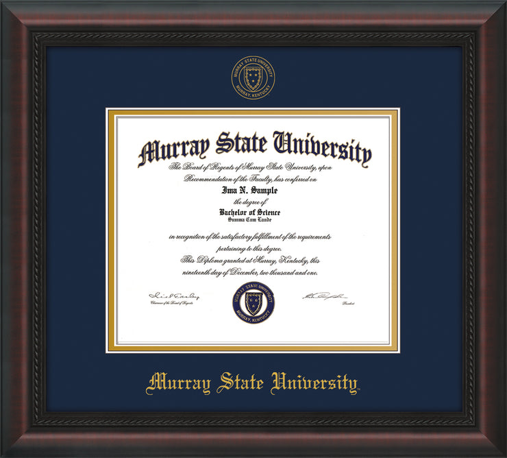 Image of Murray State University Diploma Frame - Mahogany Braid - w/Murray Embossed Seal & Name - Navy on Gold mat