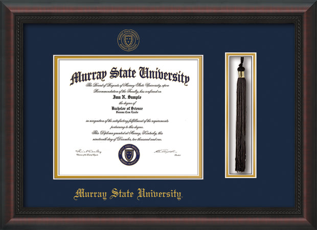 Image of Murray State University Diploma Frame - Mahogany Braid - w/Murray Embossed Seal & Name - Tassel Holder - Navy on Gold mat