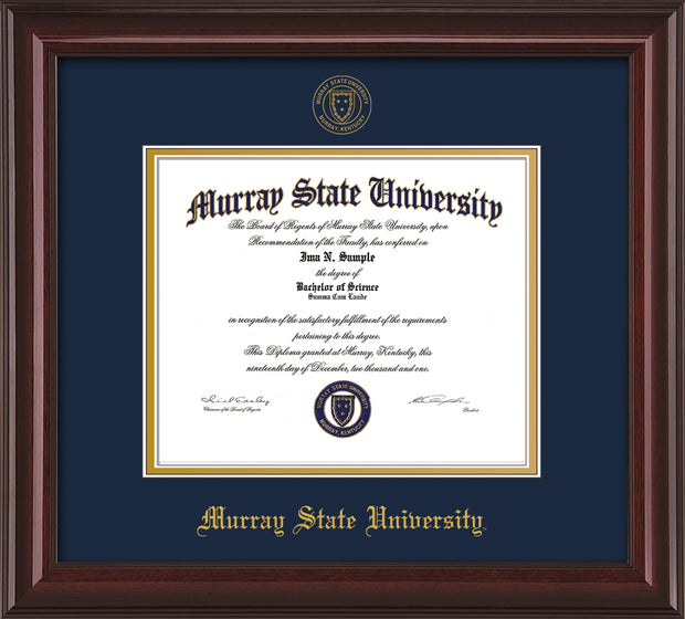 Image of Murray State University Diploma Frame - Mahogany Lacquer - w/Murray Embossed Seal & Name - Navy on Gold mat