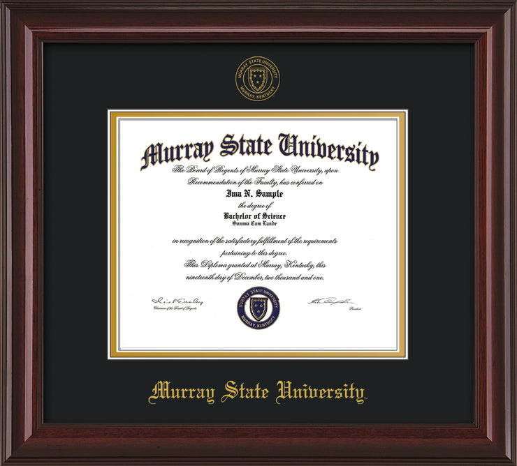 Image of Murray State University Diploma Frame - Mahogany Lacquer - w/Murray Embossed Seal & Name - Black on Gold mat