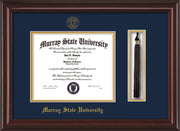 Image of Murray State University Diploma Frame - Mahogany Lacquer - w/Murray Embossed Seal & Name - Tassel Holder - Navy on Gold mat