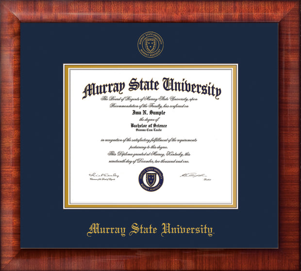 Image of urray State University Diploma Frame - Mezzo Gloss - w/Murray Embossed Seal & Name - Navy on Gold mat