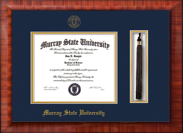 Image of Murray State University Diploma Frame - Mezzo Gloss - w/Murray Embossed Seal & Name - Tassel Holder - Navy on Gold mat