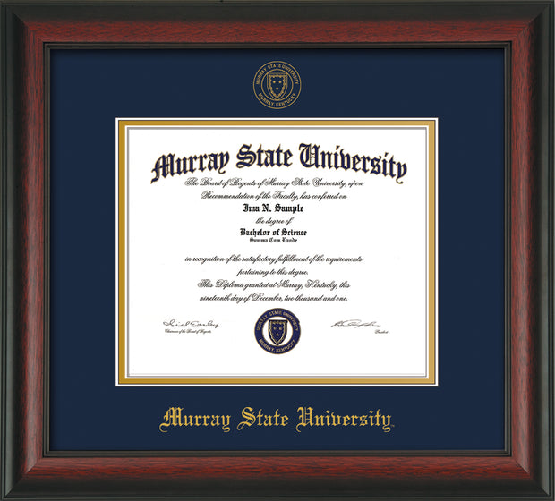 Image of Murray State University Diploma Frame - Rosewood - w/Murray Embossed Seal & Name - Navy on Gold mat