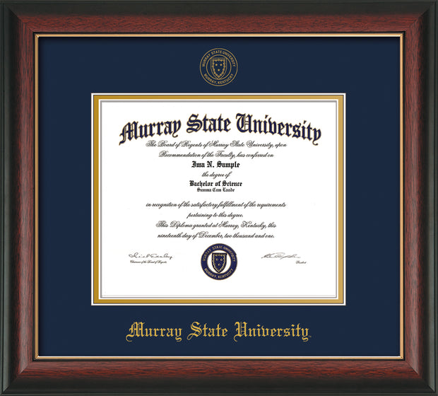 Image of Murray State University Diploma Frame - Rosewood w/Gold Lip - w/Murray Embossed Seal & Name - Navy on Gold mat