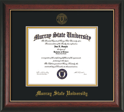 Image of Murray State University Diploma Frame - Rosewood w/Gold Lip - w/Murray Embossed Seal & Name - Black on Gold mat