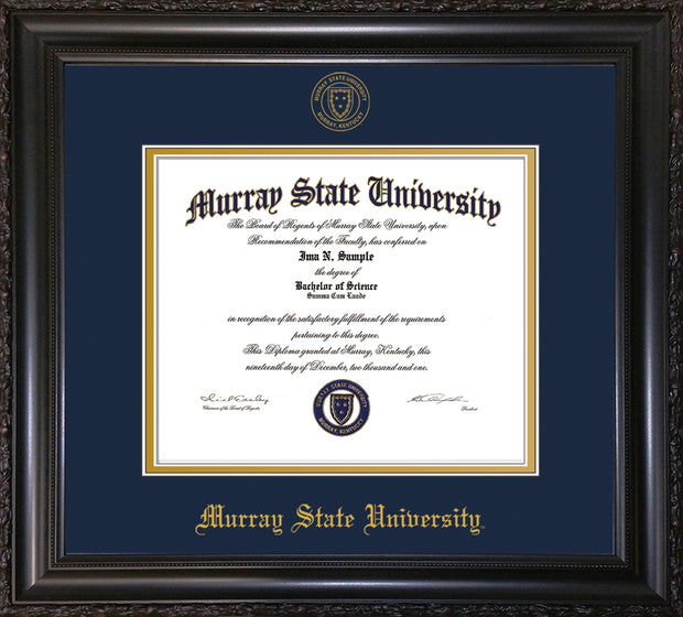 Image of Murray State University Diploma Frame - Vintage Black Scoop - w/Murray Embossed Seal & Name - Navy on Gold mat