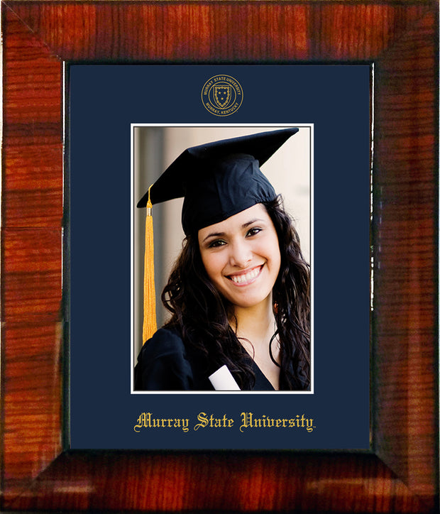 Image of Murray State University 5 x 7 Photo Frame - Mahogany Lacquer - w/Official Embossing of Murray Seal & Name - Single Navy mat