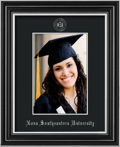 Image of Nova Southeastern University 5 x 7 Photo Frame - Satin Silver - w/Official Silver Embossing of NSU Seal & Name - Single Black mat