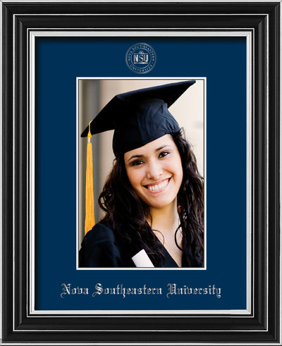 Image of Nova Southeastern University 5 x 7 Photo Frame - Satin Silver - w/Official Silver Embossing of NSU Seal & Name - Single Navy mat