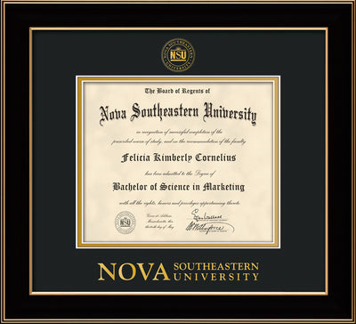 Image of Nova Southeastern University Diploma Frame - Black Lacquer - w/Embossed NSU Seal & Wordmark - Black on Gold mat