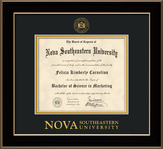 Image of Nova Southeastern University Diploma Frame - Black Lacquer - w/Embossed NSU Seal & Wordmark - Black on Gold mat