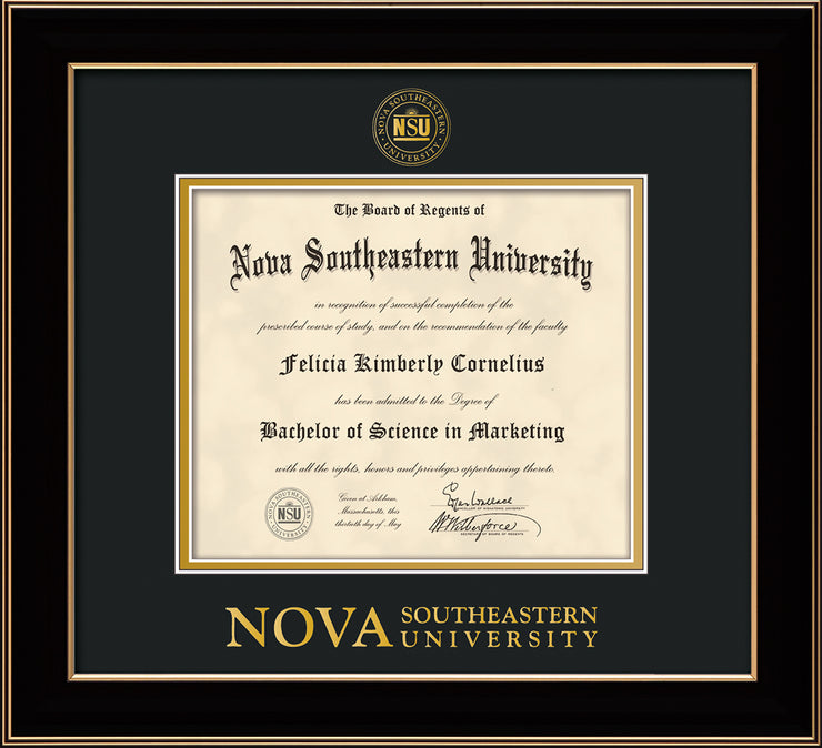 Image of Nova Southeastern University Diploma Frame - Black Lacquer - w/Embossed NSU Seal & Wordmark - Black on Gold mat