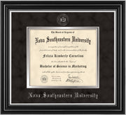 Image of Nova Southeastern University Diploma Frame - Satin Silver - w/Silver Embossed NSU Seal & Name - Black Suede on Silver mat